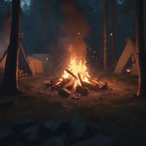 A highly detailed matte painting of a camp fire in the forest at night, 4k resolution, Masterpiece, Trending on Artstation, Cyberpunk, Octane Render, Volumetric Lighting by Studio Ghibli