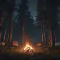 A highly detailed matte painting of a camp fire in the forest at night, 4k resolution, Masterpiece, Trending on Artstation, Cyberpunk, Octane Render, Volumetric Lighting by Studio Ghibli