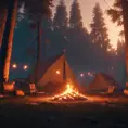A highly detailed matte painting of a camp fire in the forest at night in the style of Firewatch, 4k resolution, Masterpiece, Trending on Artstation, Cyberpunk, Octane Render, Volumetric Lighting by Studio Ghibli
