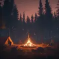 A highly detailed matte painting of a camp fire in the forest at night in the style of Firewatch, 4k resolution, Masterpiece, Trending on Artstation, Cyberpunk, Octane Render, Volumetric Lighting by Studio Ghibli