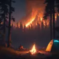 A highly detailed matte painting of a camp fire in the forest at night in the style of Firewatch, 4k resolution, Masterpiece, Trending on Artstation, Cyberpunk, Octane Render, Volumetric Lighting by Stanley Artgerm Lau