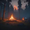 A highly detailed matte painting of a camp fire in the forest at night in the style of Firewatch, 4k resolution, Masterpiece, Trending on Artstation, Cyberpunk, Octane Render, Volumetric Lighting by Stanley Artgerm Lau
