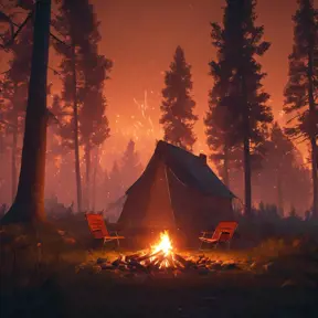 A highly detailed matte painting of a camp fire in the forest at night in the style of Firewatch, 4k resolution, Masterpiece, Trending on Artstation, Cyberpunk, Octane Render, Volumetric Lighting by Greg Rutkowski