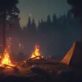 A highly detailed matte painting of a camp fire in the forest at night in the style of Firewatch, 4k resolution, Masterpiece, Trending on Artstation, Cyberpunk, Octane Render, Volumetric Lighting by Stefan Kostic