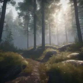 Beautiful misty swedish forest from the view of a mountain, Atmospheric, Highly Detailed, Intricate, Trending on Artstation, Stunning, Realistic, Unreal Engine, Dynamic Lighting, Radiant, Fantasy