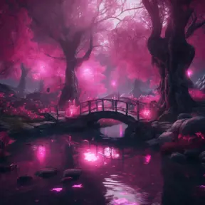 A magical pond in a fantasy forest with glowing pink trees at night, 4k, HQ, Intricate, Masterpiece, Artstation, Cinematic Lighting, Photo Realistic, Sharp Focus, Unreal Engine, Dark by Stefan Kostic