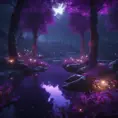 A magical pond in a fantasy forest with glowing purple trees at night, 4k, HQ, Intricate, Masterpiece, Artstation, Cinematic Lighting, Photo Realistic, Sharp Focus, Unreal Engine, Dark by Stefan Kostic
