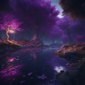 A magical pond in a fantasy forest with glowing purple trees at night, 4k, HQ, Intricate, Masterpiece, Artstation, Cinematic Lighting, Photo Realistic, Sharp Focus, Unreal Engine, Dark by Stefan Kostic