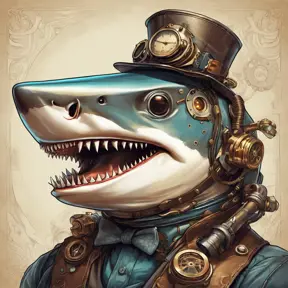 Steampunk portrait of a Shark, clean vector, colorful illustration, inspired by future technology, Highly Detailed, Vintage Illustration, Steampunk, Smooth, Vector Art, Colorful by Stanley Artgerm Lau