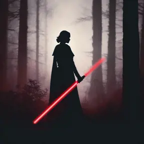 Portrait of a silhouette star wars figure in her red lightsaber, in the style of evocative environmental portraits, dark, red, Ambient Lighting, Fantasy, Dark