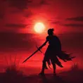 Silhouette of a warrior with her swords drawn in front of a red sunset, Ambient Lighting, Fantasy, Dark