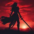 Silhouette of a warrior with her swords drawn in front of a red sunset, Ambient Lighting, Fantasy, Dark