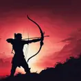Silhouette of an archer assassin in front of a red sunset, Ambient Lighting, Fantasy, Dark