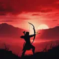 Silhouette of an archer assassin in front of a red sunset, Ambient Lighting, Fantasy, Dark