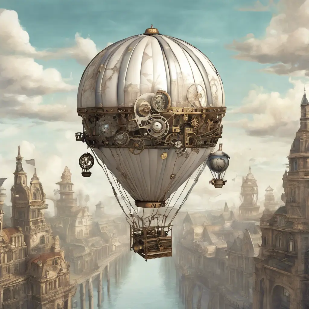 White steampunk hot air balloon with gears, Victorian style Ancient buildings, archeological ruins of lost civilizations and technology, Steampunk, Iridescence by Studio Ghibli