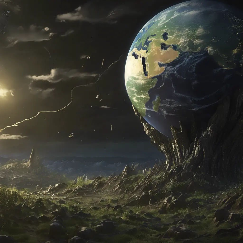 Earth going through cycles of creation and destruction, Award-Winning, Volumetric Lighting, Fantasy, Dark by Studio Ghibli