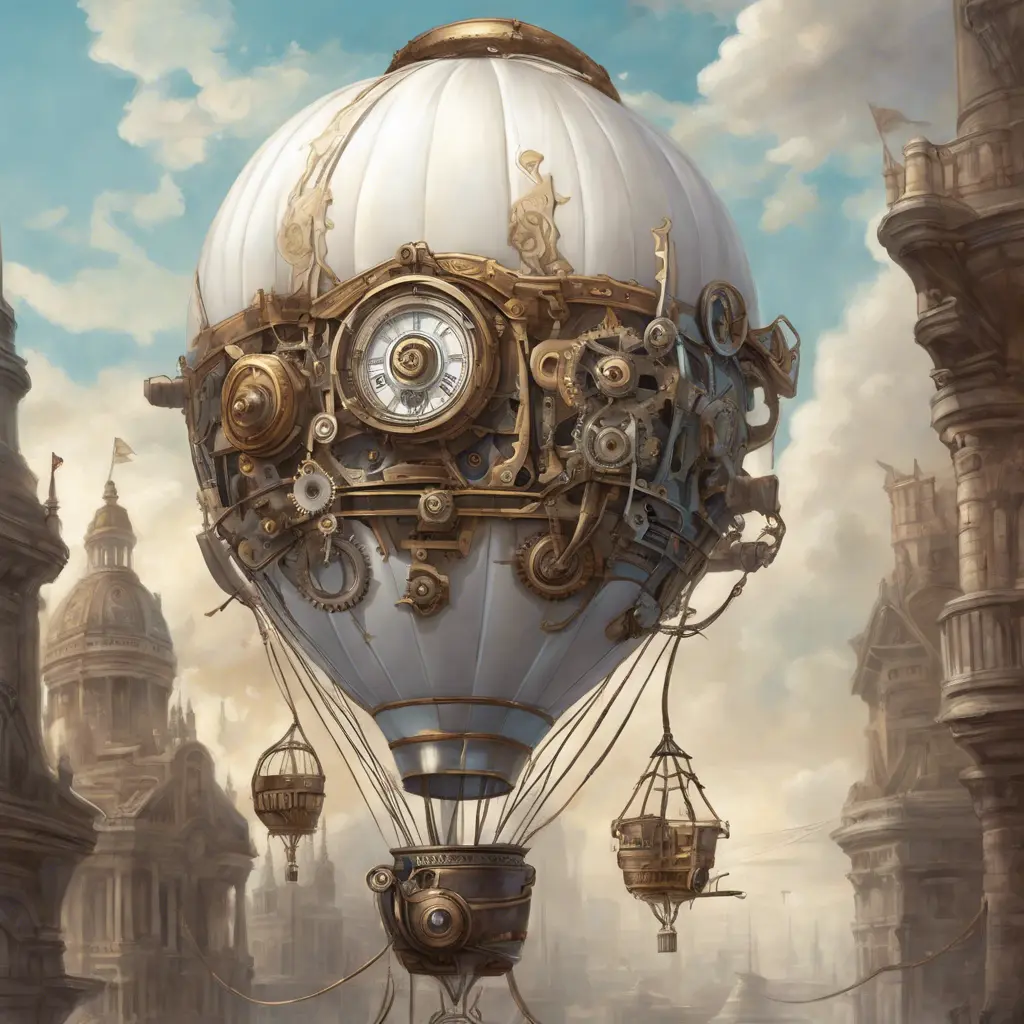 White steampunk hot air balloon with gears, Victorian style Ancient buildings, archeological ruins of lost civilizations and technology, Steampunk, Iridescence by Stanley Artgerm Lau