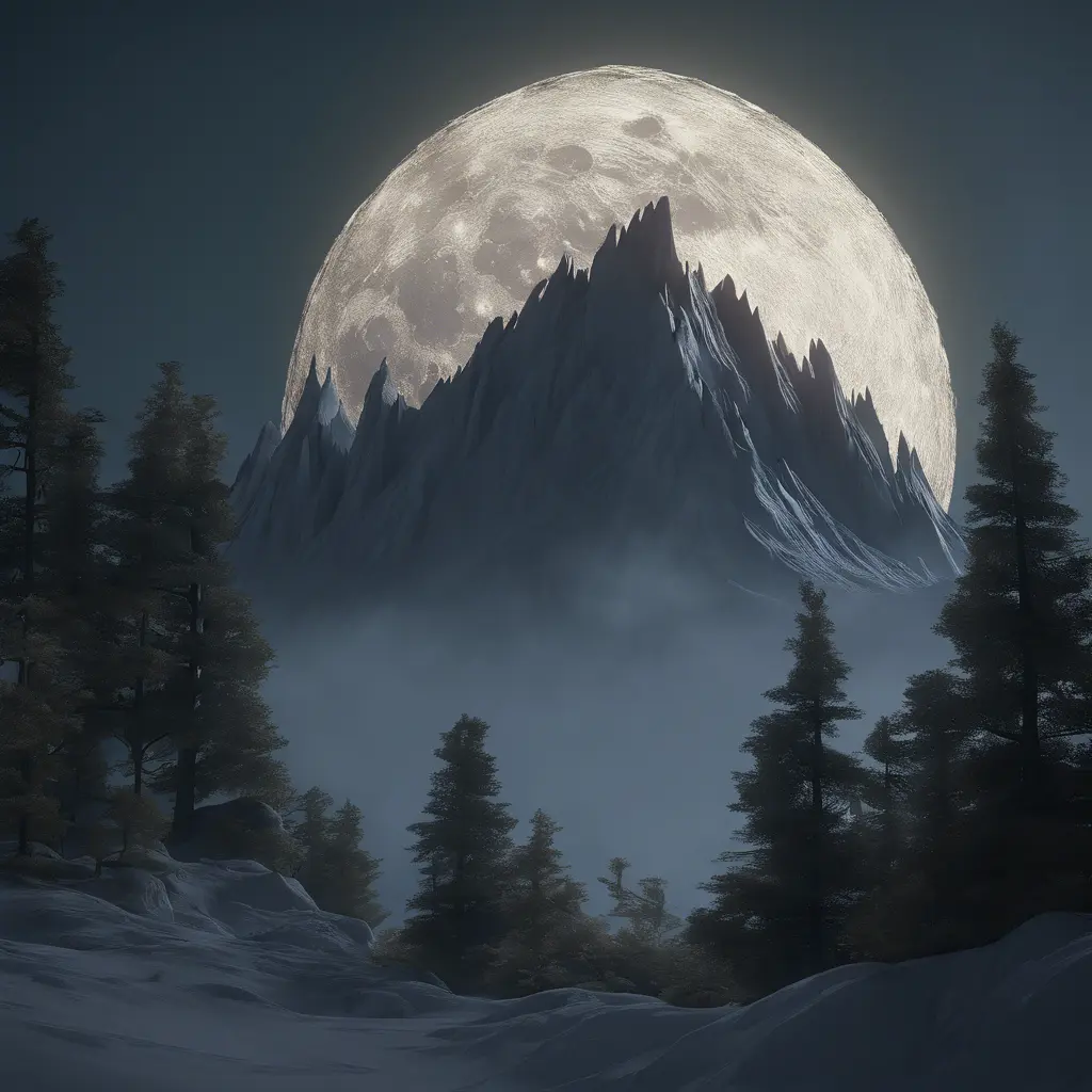 Mountain surreal moon, Award-Winning, Volumetric Lighting, Fantasy, Dark by Studio Ghibli