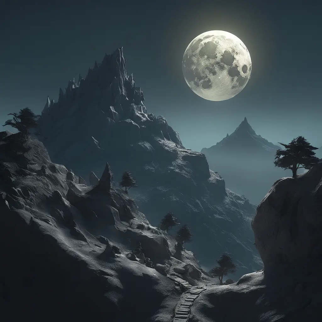 Mountain surreal moon, Award-Winning, Volumetric Lighting, Fantasy, Dark by Studio Ghibli