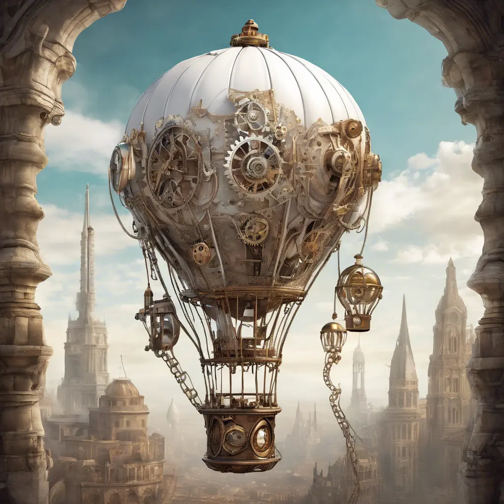 White steampunk hot air balloon with gears, Victorian style Ancient buildings, archeological ruins of lost civilizations and technology, Steampunk, Iridescence by Stefan Kostic