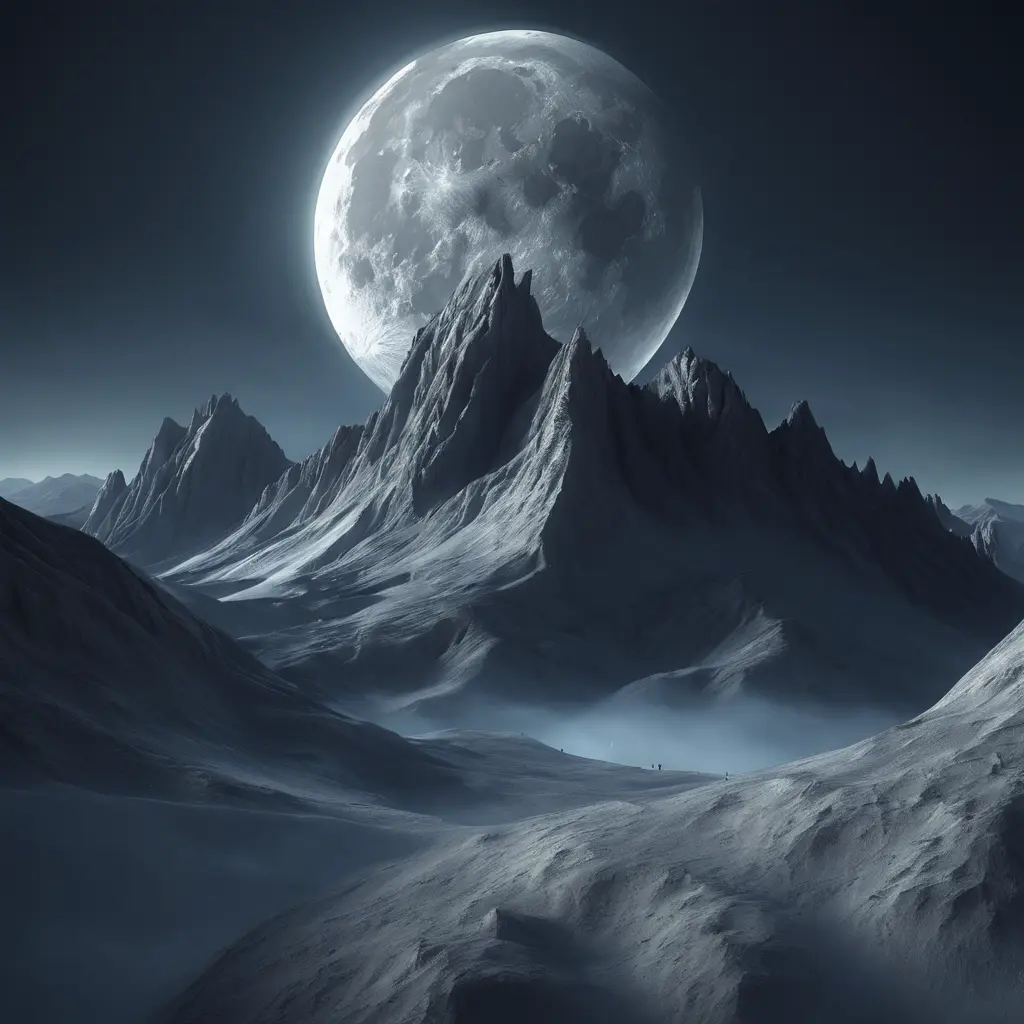 Mountain surreal moon, Award-Winning, Volumetric Lighting, Fantasy, Dark