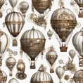 White steampunk hot air balloons with gears, Victorian style Ancient buildings, archeological ruins of lost civilizations and technology, Steampunk, Iridescence