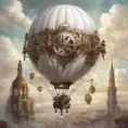 White steampunk hot air balloon with gears, Victorian style Ancient buildings, archeological ruins of lost civilizations and technology, Steampunk, Iridescence by Stanley Artgerm Lau
