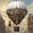 White steampunk hot air balloon with gears, Victorian style Ancient buildings, archeological ruins of lost civilizations and technology, Steampunk, Iridescence by Greg Rutkowski