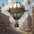 White steampunk hot air balloon with gears, Victorian style Ancient buildings, archeological ruins of lost civilizations and technology, Steampunk, Iridescence by Greg Rutkowski