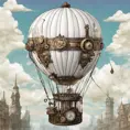 White steampunk hot air balloon with gears, Victorian style Ancient buildings, archeological ruins of lost civilizations and technology, Steampunk, Iridescence by Studio Ghibli
