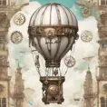 White steampunk hot air balloon with gears, Victorian style Ancient buildings, archeological ruins of lost civilizations and technology, Steampunk, Iridescence by Studio Ghibli