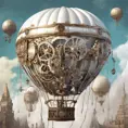White steampunk hot air balloon with gears, Victorian style Ancient buildings, archeological ruins of lost civilizations and technology, Steampunk, Iridescence by Stefan Kostic