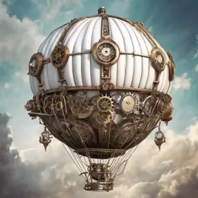 White steampunk hot air balloon with gears, Victorian style Ancient buildings, archeological ruins of lost civilizations and technology, Steampunk, Iridescence by Stefan Kostic