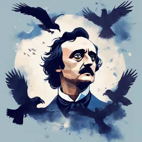 An illustration of a print of a Edgar Allan Poe, flying ravens, vintage t-shirt design, light white and dark blue pastel tetradic colors, 4k, 4k resolution, Digital Painting, Bokeh effect, Cinematic Lighting, Sharp Focus, Low poly, Watercolor, Soft Lighting by Studio Ghibli