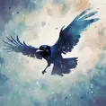 An illustration of a print of a Edgar Allan Poe, flying ravens, vintage t-shirt design, light white and dark blue pastel tetradic colors, 4k, 4k resolution, Digital Painting, Bokeh effect, Cinematic Lighting, Sharp Focus, Low poly, Watercolor, Soft Lighting by Studio Ghibli