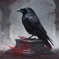Raven sitting on an old decayed gravestone, red eyes, glowing feathers, 8k, Intricate Details by Stanley Artgerm Lau