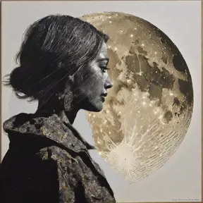 Moon profile, Halftone pattern, higly textured, genre defining mixed media collage painting, subtle shadows, Award-Winning by Greg Rutkowski