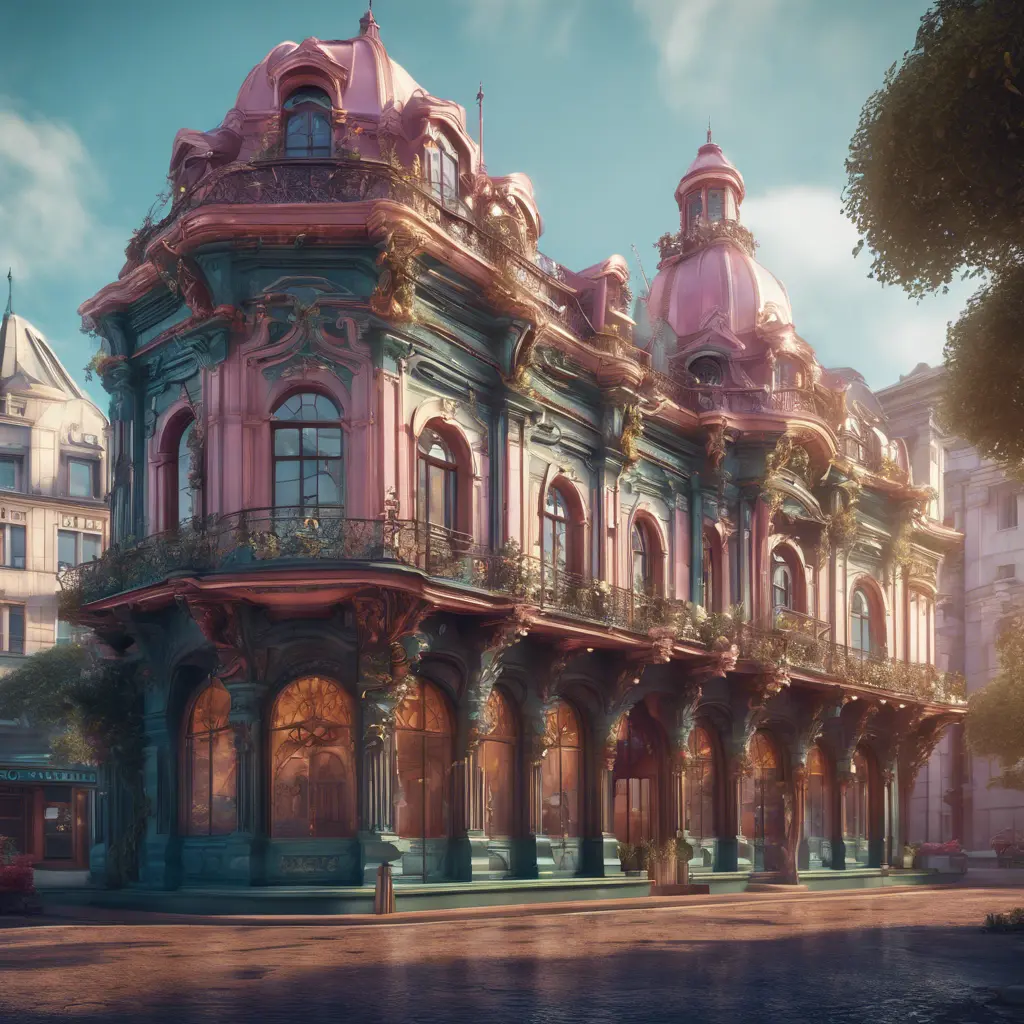 Art nuveau exterior fantasy colorful building office space futuristic rococco baroques victorian, 8k, Highly Detailed, Masterpiece, Vintage Illustration, Cinematic Lighting, Photo Realistic, Sharp Focus, Smooth, Octane Render, Digital Art