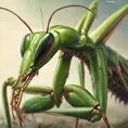 close up praying mantis, 4k, Highly Detailed, Hyper Detailed, Powerful, Artstation, Vintage Illustration, Digital Painting, Sharp Focus, Smooth, Concept Art by Stanley Artgerm Lau