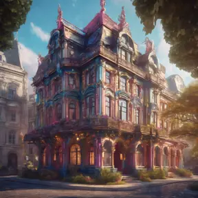 Art nuveau exterior fantasy colorful building office space futuristic rococco baroques victorian, 8k, Highly Detailed, Masterpiece, Vintage Illustration, Cinematic Lighting, Photo Realistic, Sharp Focus, Smooth, Octane Render, Digital Art by Stanley Artgerm Lau