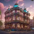 Art nuveau exterior fantasy colorful building office space futuristic rococco baroques victorian, 8k, Highly Detailed, Masterpiece, Vintage Illustration, Cinematic Lighting, Photo Realistic, Sharp Focus, Smooth, Octane Render, Digital Art by Stanley Artgerm Lau
