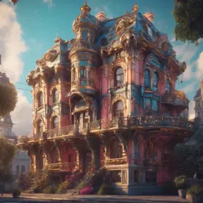 Art nuveau exterior fantasy colorful building office space futuristic rococco baroques victorian, 8k, Highly Detailed, Masterpiece, Vintage Illustration, Cinematic Lighting, Photo Realistic, Sharp Focus, Smooth, Octane Render, Digital Art by Greg Rutkowski