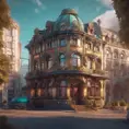 Art nuveau exterior fantasy colorful building office space futuristic rococco baroques victorian, 8k, Highly Detailed, Masterpiece, Vintage Illustration, Cinematic Lighting, Photo Realistic, Sharp Focus, Smooth, Octane Render, Digital Art by Greg Rutkowski