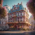 Art nuveau exterior fantasy colorful building office space futuristic rococco baroques victorian, 8k, Highly Detailed, Masterpiece, Vintage Illustration, Cinematic Lighting, Photo Realistic, Sharp Focus, Smooth, Octane Render, Digital Art by Stefan Kostic