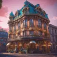 Art nuveau exterior fantasy colorful building office space futuristic rococco baroques victorian, 8k, Highly Detailed, Masterpiece, Vintage Illustration, Cinematic Lighting, Photo Realistic, Sharp Focus, Smooth, Octane Render, Digital Art by Studio Ghibli