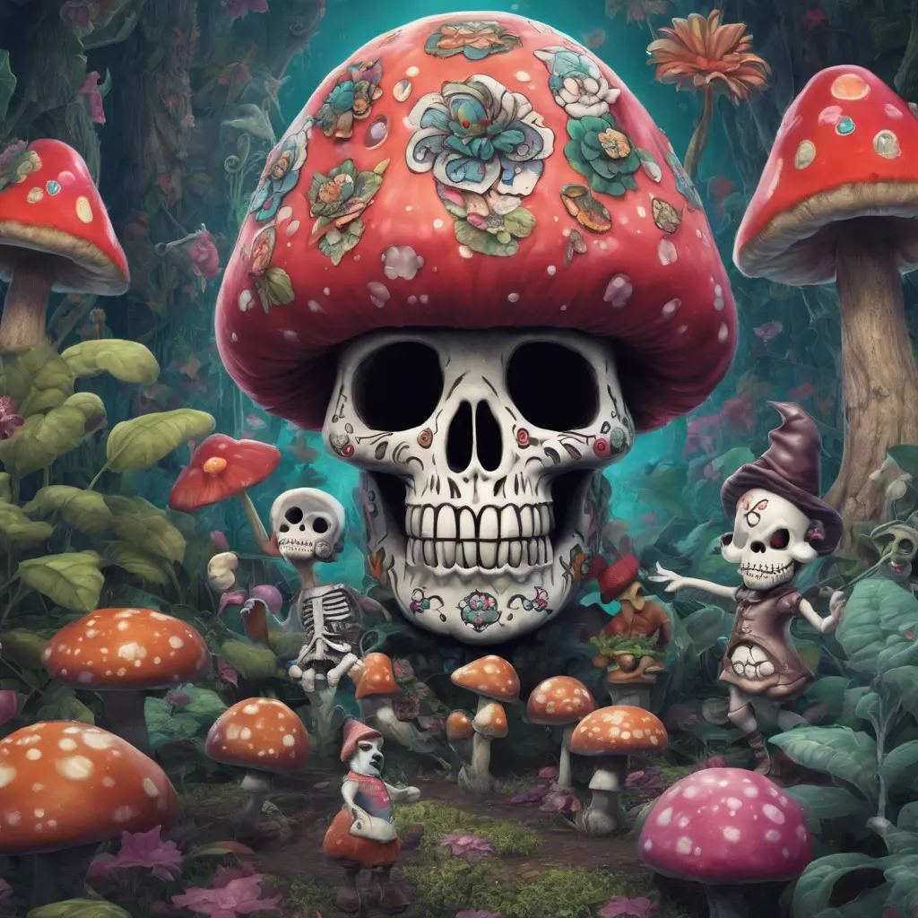 A sentient mushroom, a sugar skull who once played a gig at CBGB in New York City, and two garden gnomes converse about the boundaries of artificial intelligence, 4k