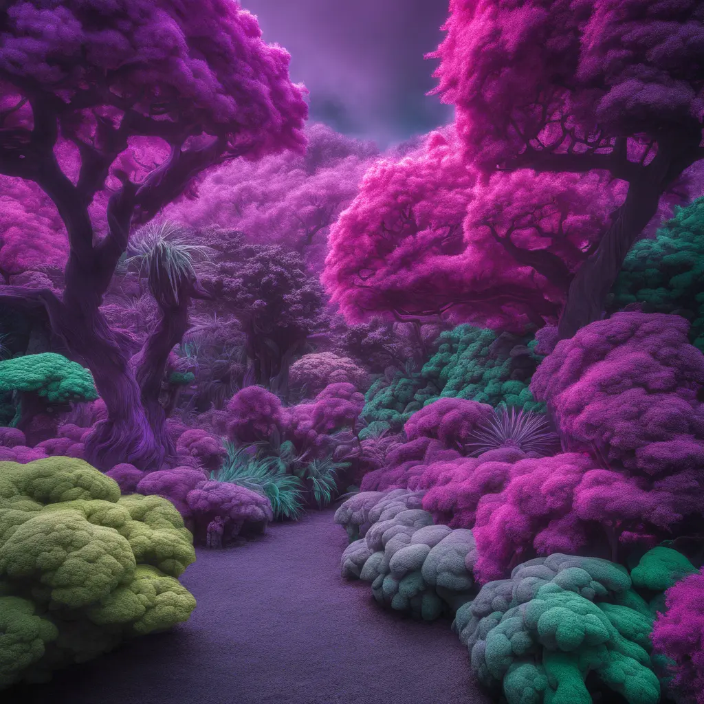 volcano garden and trees, purple and green, captured using infrared photography, 8k, Sharp Focus, Smooth, Landscape by Stanley Artgerm Lau