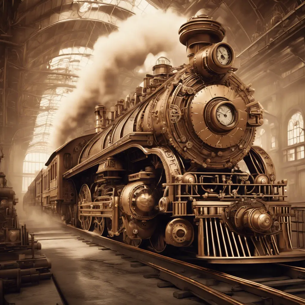 Create a highly detailed sepia-toned steampunk locomotive with intricate gears and mechanical parts, billowing steam, and vintage engineering blueprints in the background, 4k, Steampunk