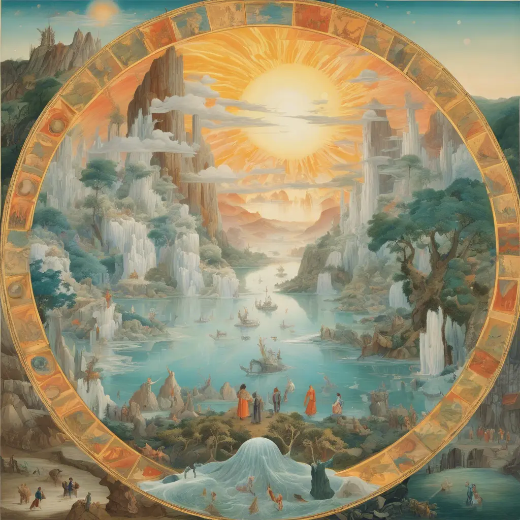 The image presents a fantastical, circular landscape that seamlessly transitions through the seasons as well as times of day, unified by a radiant central sun. The composition is a meticulous symphony of natural elements - towering ice cliffs, lush forests, and tranquil waters - juxtaposed with a multitude of human figures engaged in various activities suggestive of harmony with nature. Colors range from the cool blues and whites of winter to the warm autumnal golds and fiery tones suggesting summer, while the lighting is masterful, varying from the soft glow of dawn to the vivid brightness of noon and the gentle twilight. Please note that while I strive to describe the image accurately, my description may not fully capture the vibrancy or the subtle nuances of the artwork., 4k by Stanley Artgerm Lau