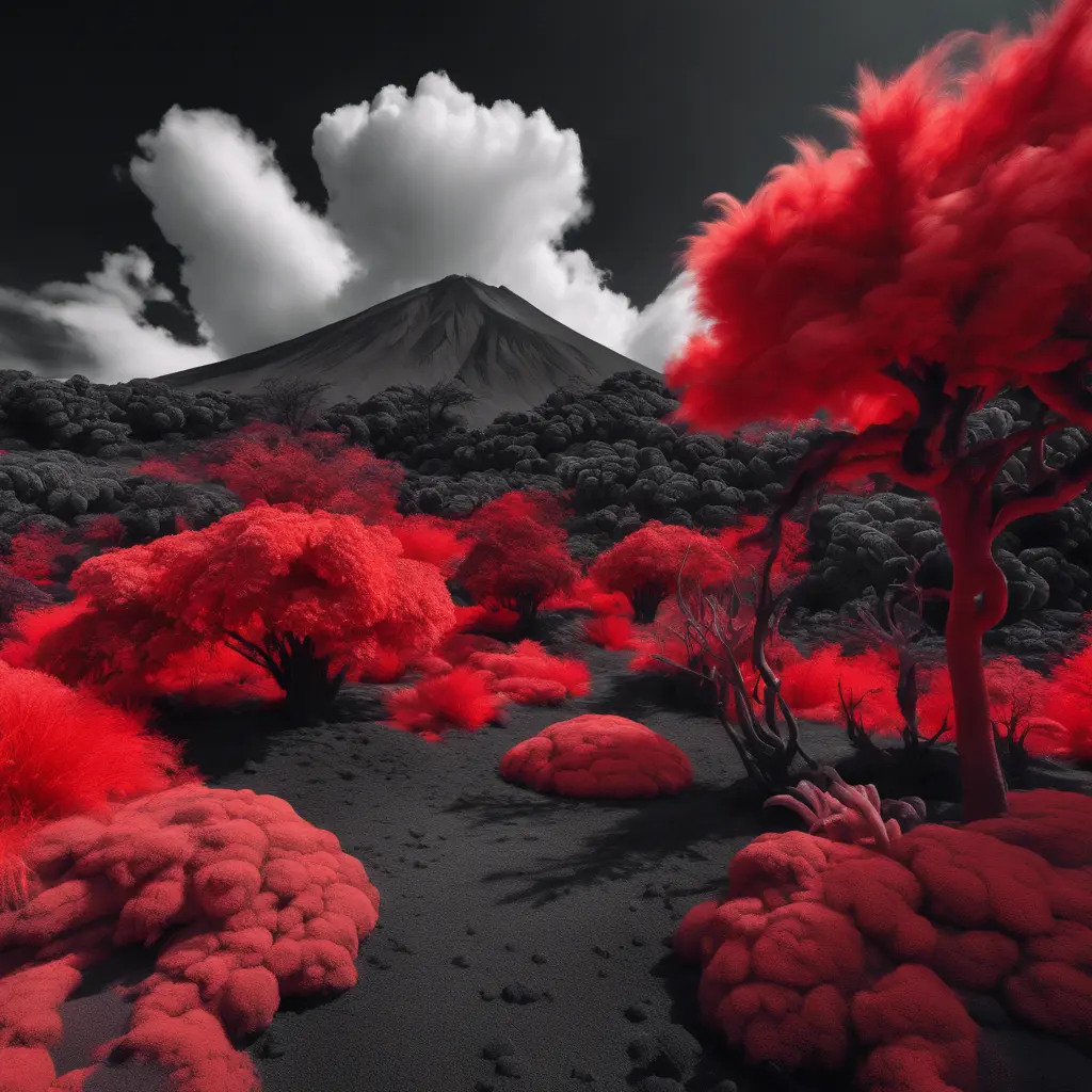 volcano garden and trees, bold red and black colors, captured using infrared photography, 8k, Sharp Focus, Smooth, Landscape